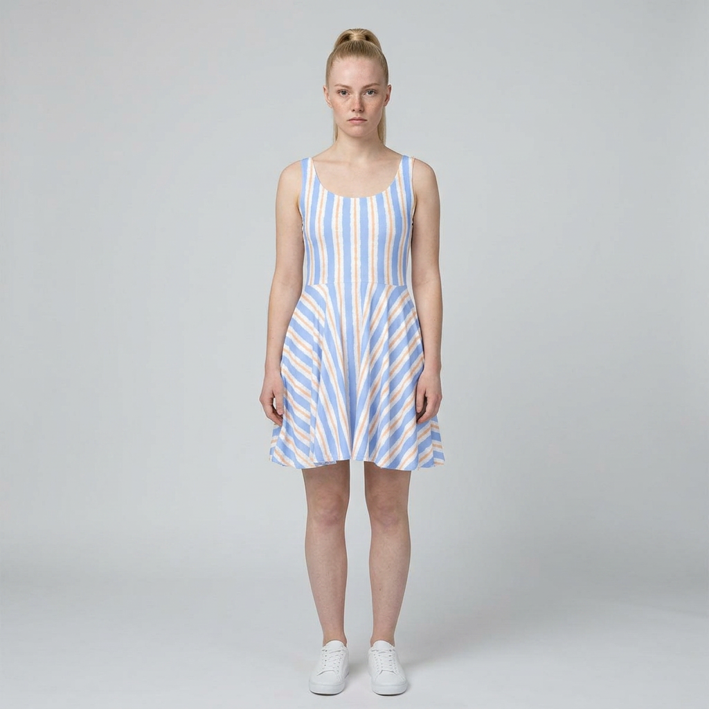 Blue & Beige Striped Dress — Casual Summer A-Line Dress