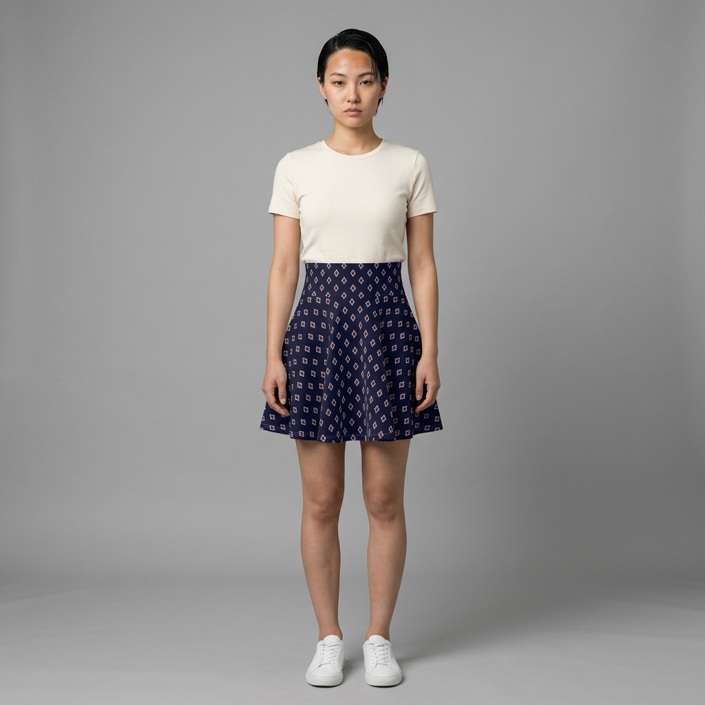 Navy Geo Diamond Skirt – Retro Mod Pattern, High-Waist Flared A-Line