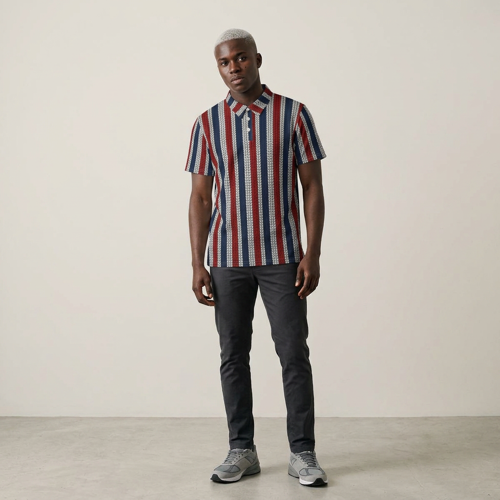 Striped Knit-Pattern Polo Shirt — Red, White & Navy Casual Polo