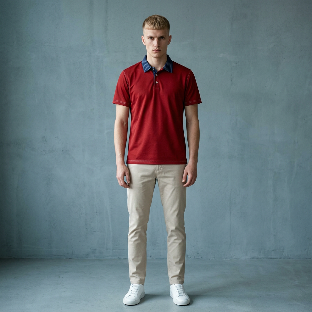 Man wearing a red polo shirt and beige pants against a gray background