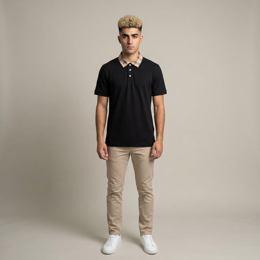 Black Polo Shirt with Beige Plaid Collar — Casual Golf & Smart-Casual Men’s Polo