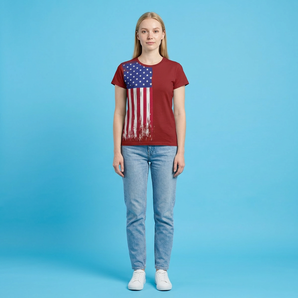Women's American Flag Tee - Distressed Patriotic Cut & Sew Shirt