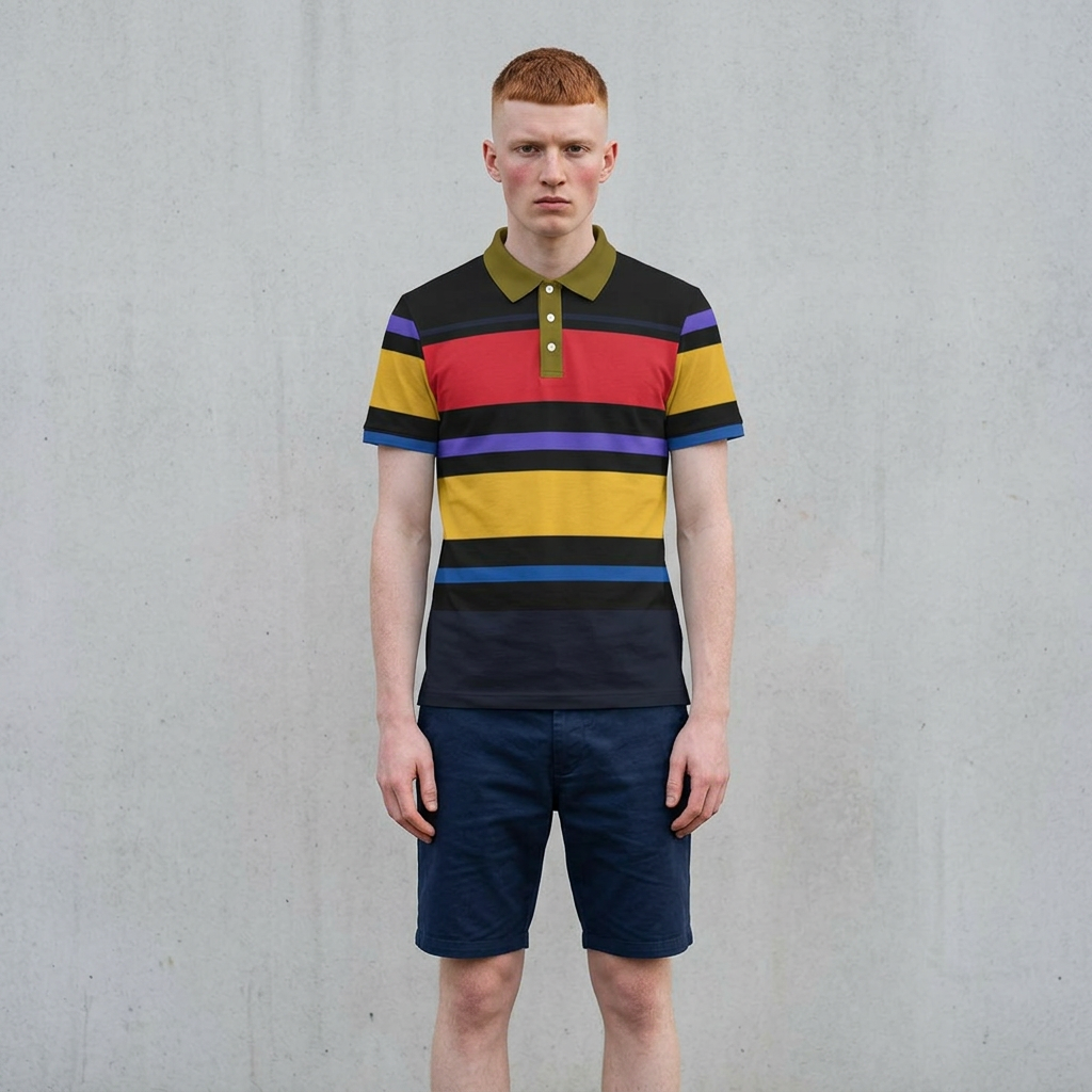 Striped Blue Yellow Red Polo Shirt — Bold Colorblock Casual Tee