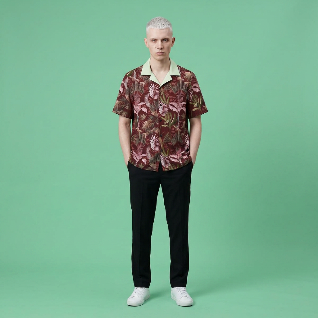 Tropical Leaf Hawaiian Camp Shirt — Men's Burgundy Palm Print AOP