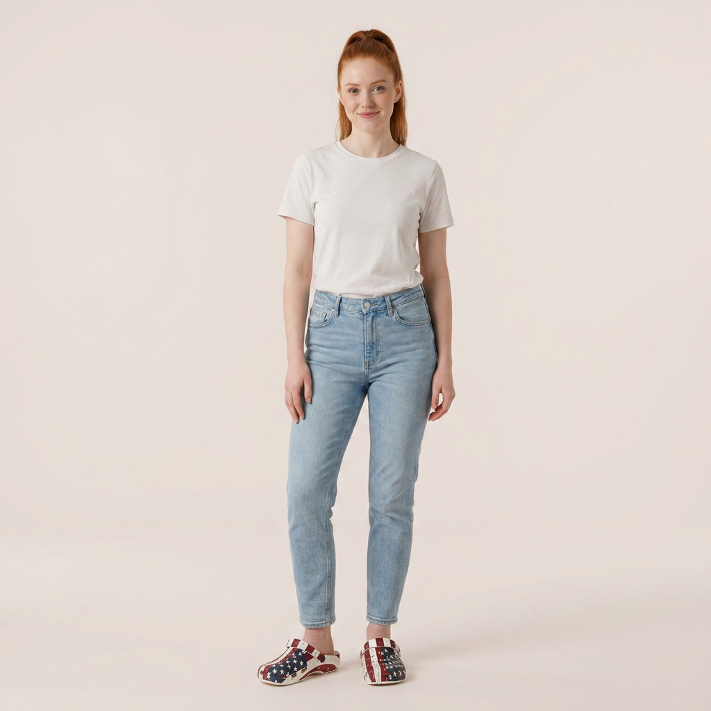 Person wearing a white t-shirt and light blue jeans on a beige background