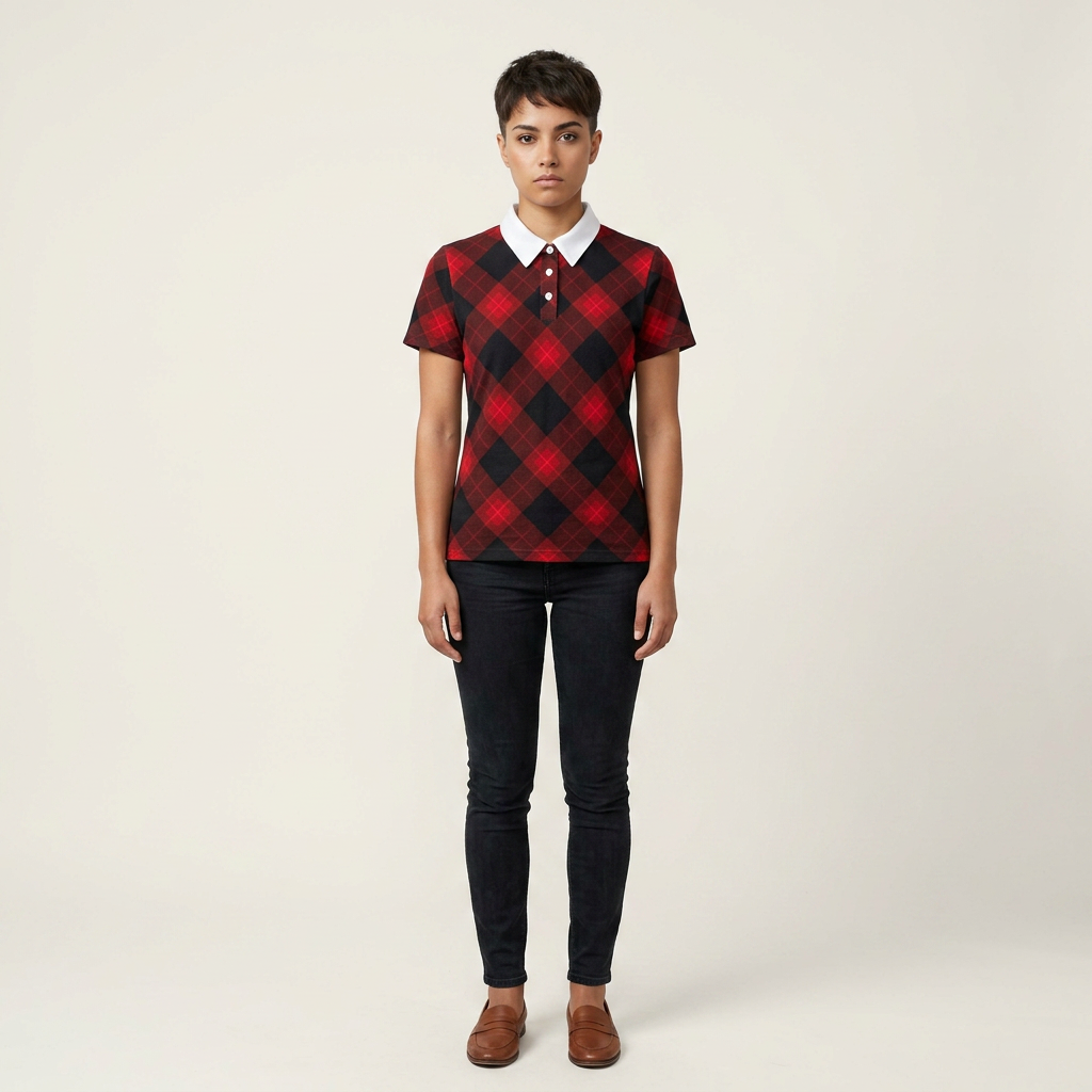 Person wearing a red and black checkered shirt with a white collar on a beige background