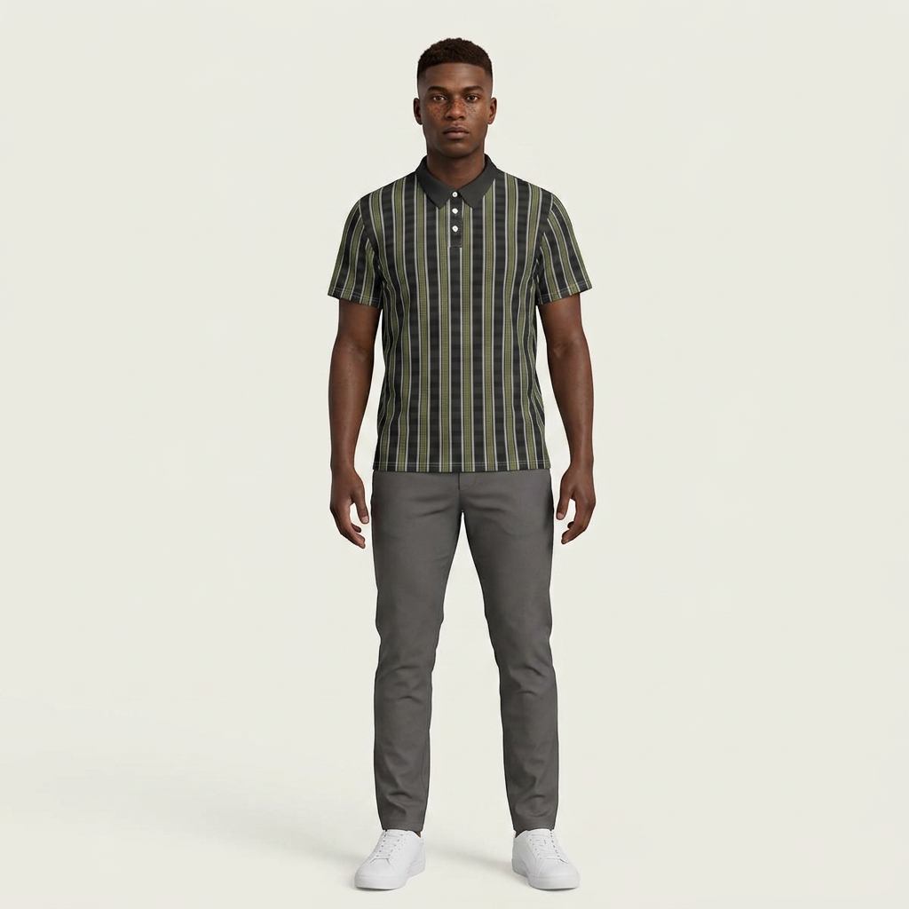 Striped Green & Black Polo Shirt – Men's Casual Golf Polo