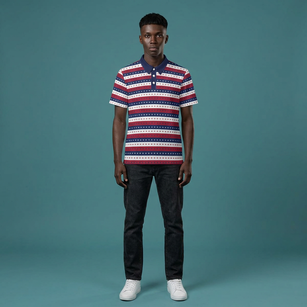 Person wearing a red, white, and blue striped polo shirt against a teal background