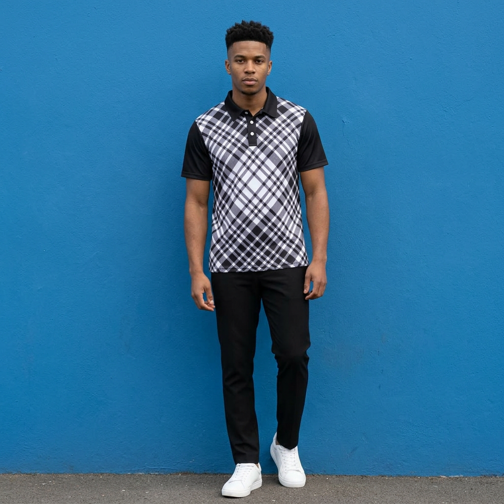 Black & White Plaid Polo Shirt — Classic Check Golf & Casual Tee