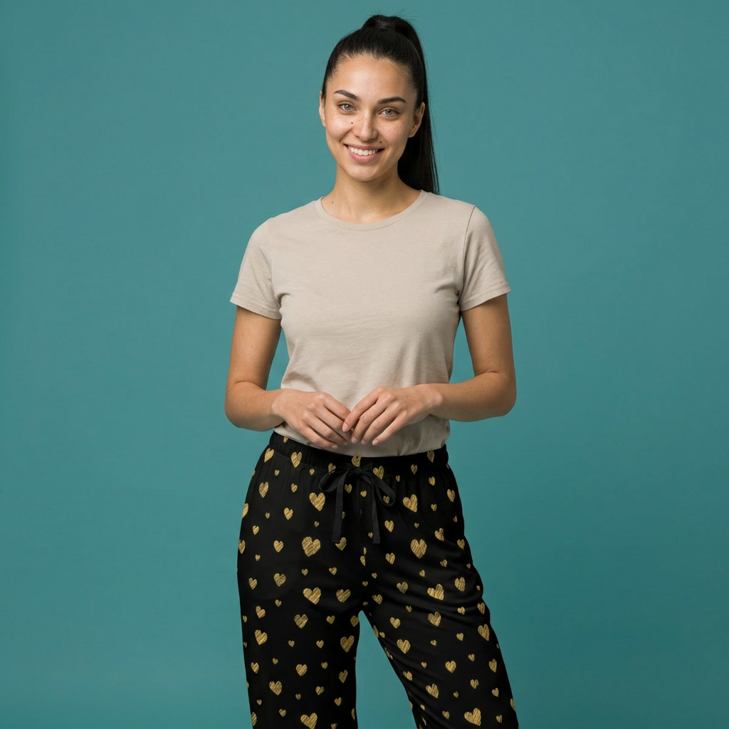 Gold Heart Pattern Pajama Pants | Black All-Over Print
