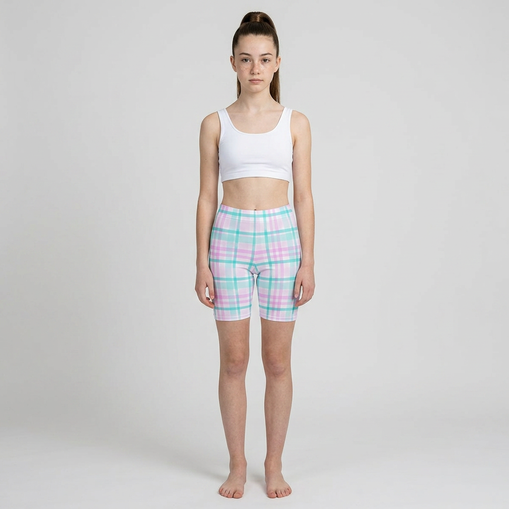 Pastel Plaid Biker Shorts — Mint & Lavender Plaid Activewear