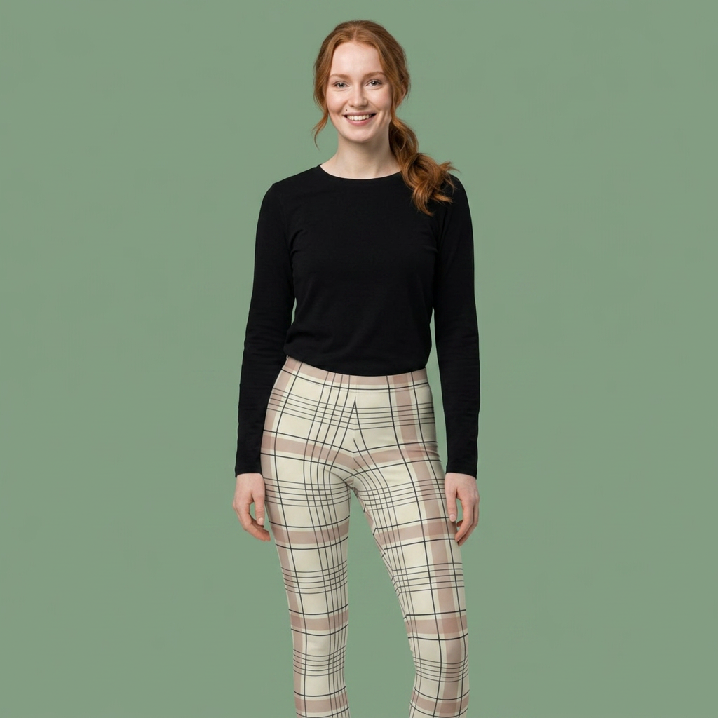 A woman modeling a black long-sleeve crewneck top and beige plaid leggings against a solid sage green background.