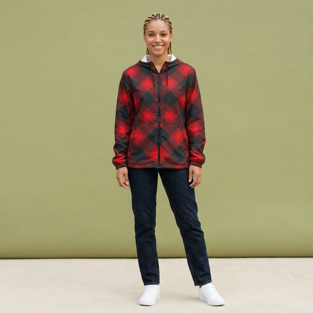 Plaid Windbreaker Jacket — Red & Black Buffalo Check Hooded Windbreaker