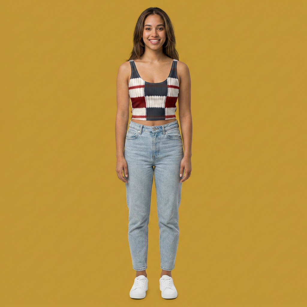 Plaid Cozy Sports Bra — Red & Navy Knit-Texture Crop Top