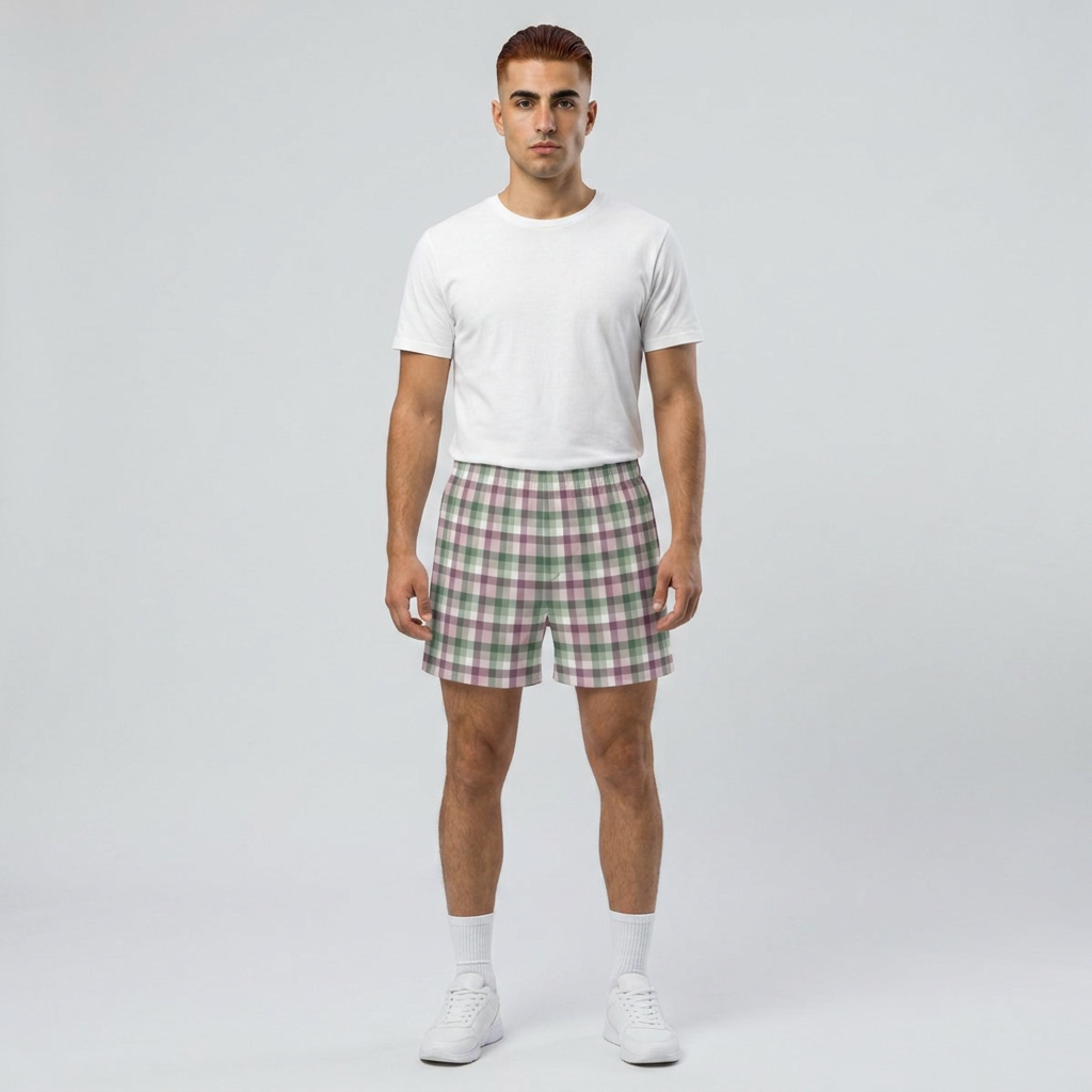 Men's Plaid Beach Shorts — Pastel Green & Mauve