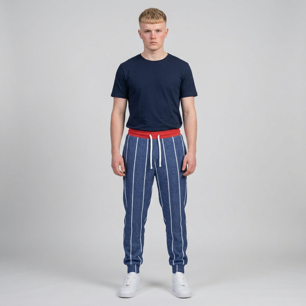A male model standing against a light gray studio background, wearing a navy blue t-shirt, blue pinstriped sweatpants with a red drawstring waist, and white sneakers.