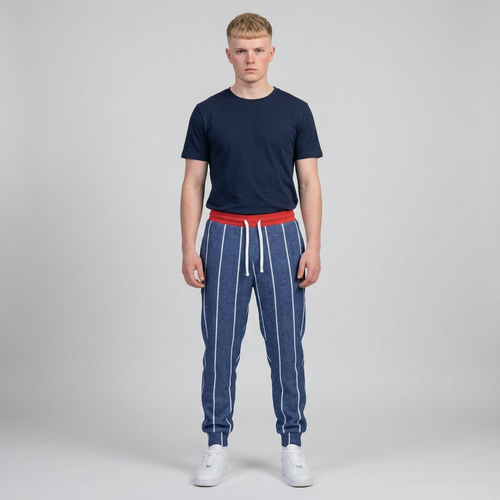 A male model standing against a light gray studio background, wearing a navy blue t-shirt, blue pinstriped sweatpants with a red drawstring waist, and white sneakers.