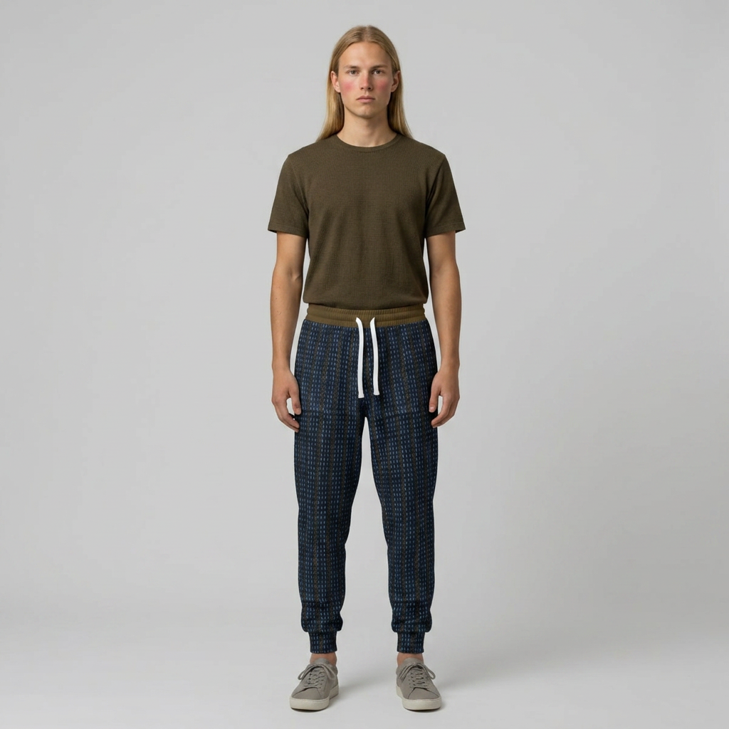 A model stands against a light gray studio background wearing an olive green short-sleeve t-shirt, dark blue patterned jogger pants with a white drawstring, and gray sneakers.