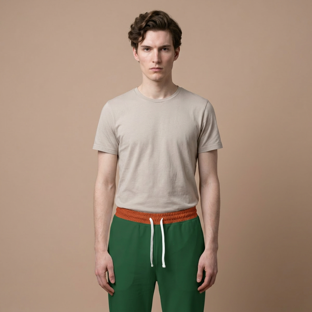 A man modeling a light beige crew-neck t-shirt and green drawstring sweatpants with a textured orange waistband, set against a solid beige studio background.