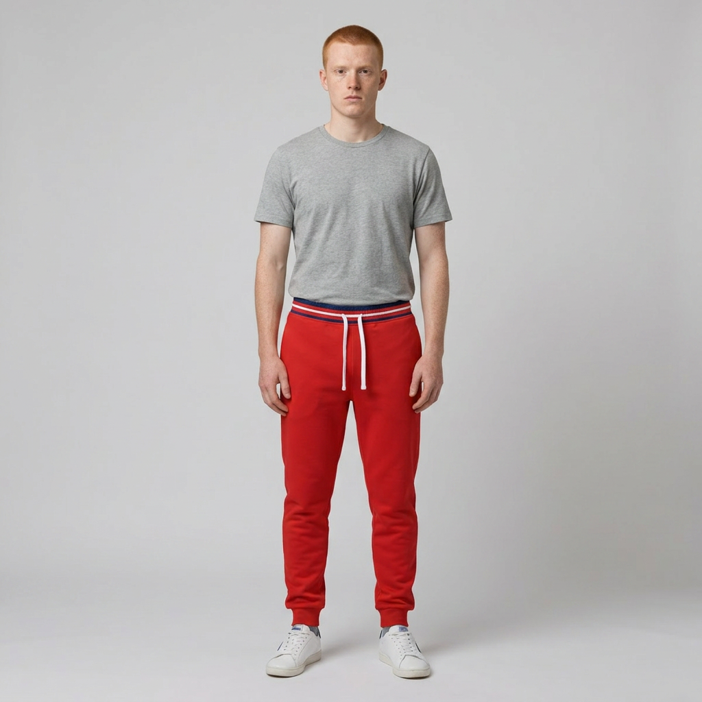 A man stands against a light gray studio background wearing bright red jogger sweatpants with a navy, white, and red striped elastic waistband and white drawstrings, paired with a heather gray t-shirt and white sneakers.