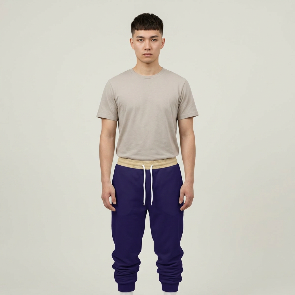 A man modeling a light beige short-sleeve t-shirt and dark purple sweatpants with a beige waistband and white drawstrings, set against a plain light gray studio background.