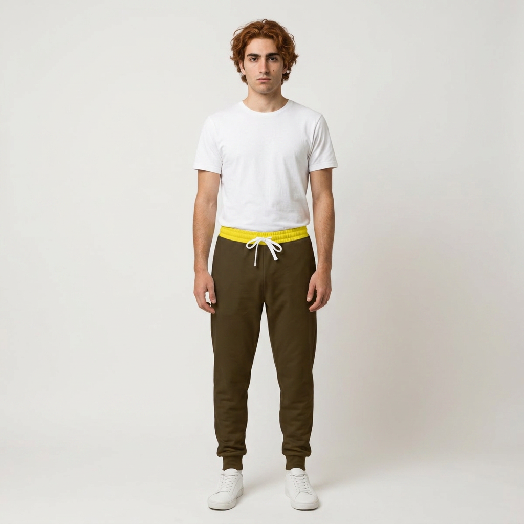 A man modeling a white crewneck t-shirt, olive green jogger pants with a bright yellow drawstring waistband, and white sneakers, standing against a light gray studio background.