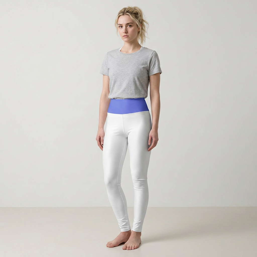 A woman stands barefoot against a plain light gray studio background, wearing a heather gray short-sleeve t-shirt, white leggings with a bright blue waistband, and a gold hairpiece.