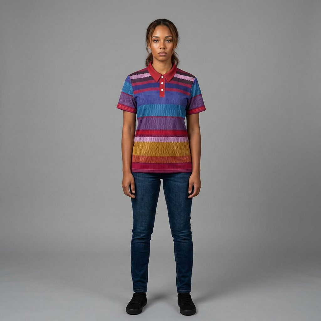Colorful Striped Knit Polo Shirt — Vibrant Rainbow Casual Polo