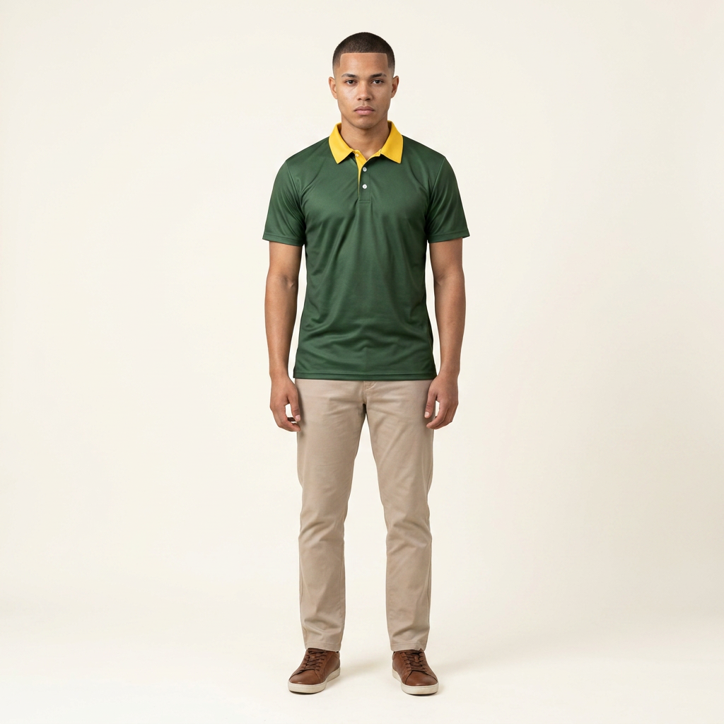 A man modeling a dark green short-sleeve polo shirt with a contrasting yellow collar, paired with beige trousers and brown shoes, against a plain off-white studio background.