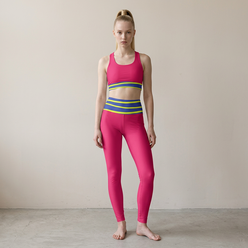 A woman stands barefoot in a studio wearing a bright pink activewear set consisting of a sports bra with a green and yellow striped underband and matching high-waisted leggings.