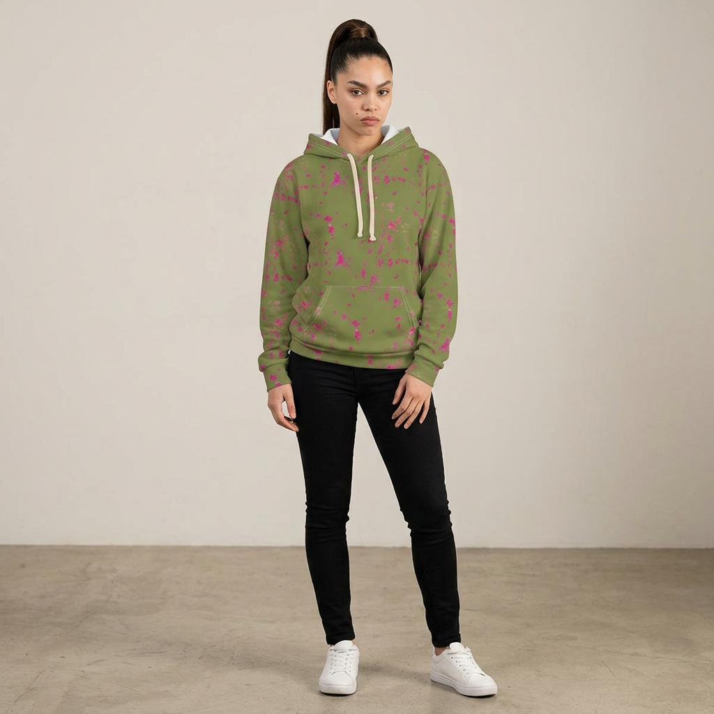Green & Pink Paint Splatter Hoodie -  Casual Pullover