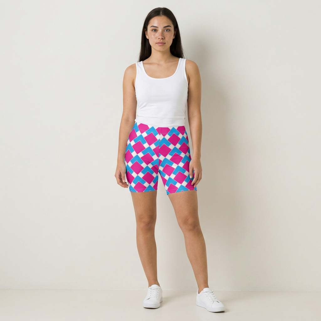 Geometric Pink & Blue Women's Shorts — Bold Checkered Pattern Activewear