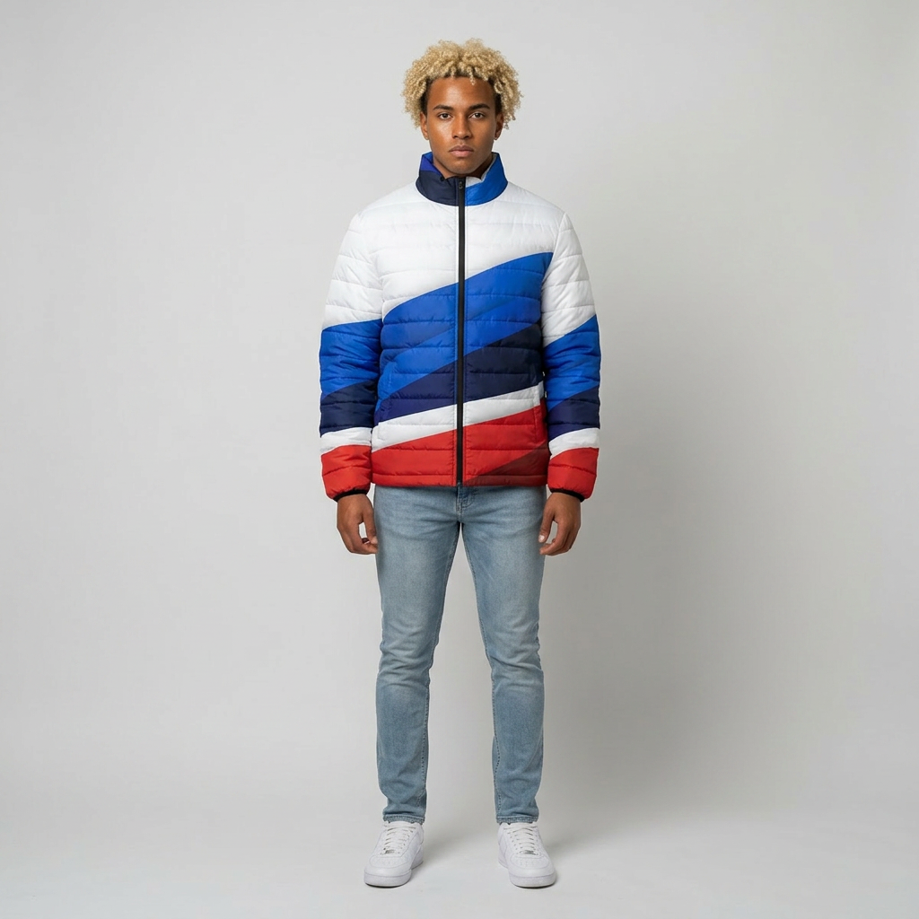Men's Colorblock Puffer Jacket — Red, White & Blue Diagonal Stripe