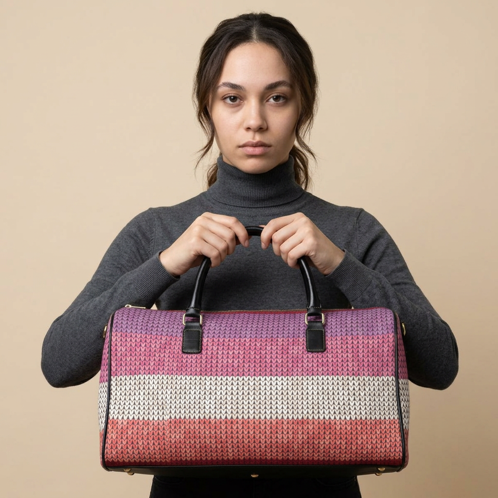 A woman wearing a dark gray turtleneck sweater holds a woven duffel bag with horizontal stripes in pink, purple, and off-white, set against a solid beige background.