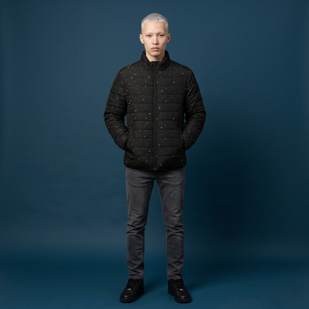 A model with platinum blonde hair stands against a dark blue studio background wearing a black quilted puffer jacket with small gold dot details, dark gray jeans, and black shoes.