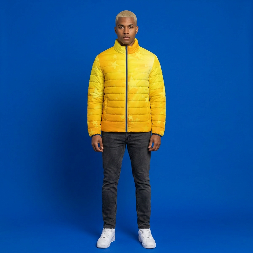 A man wearing a bright yellow quilted puffer jacket with a black zipper, paired with dark gray jeans and white sneakers, standing against a solid blue studio background.