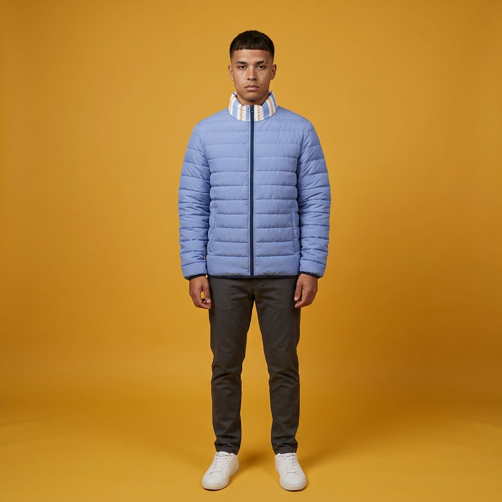 A man wearing a light blue puffer jacket over a striped shirt, dark gray pants, and white sneakers, standing against a solid yellow studio background.