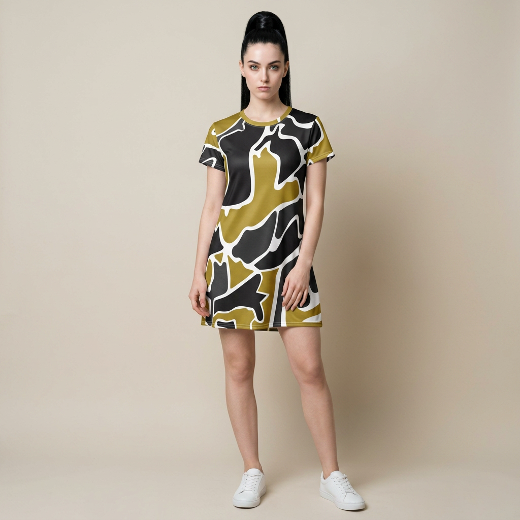 A woman modeling a short-sleeve shift dress with an abstract organic pattern in olive green, black, and white, paired with white sneakers, against a solid beige studio background.