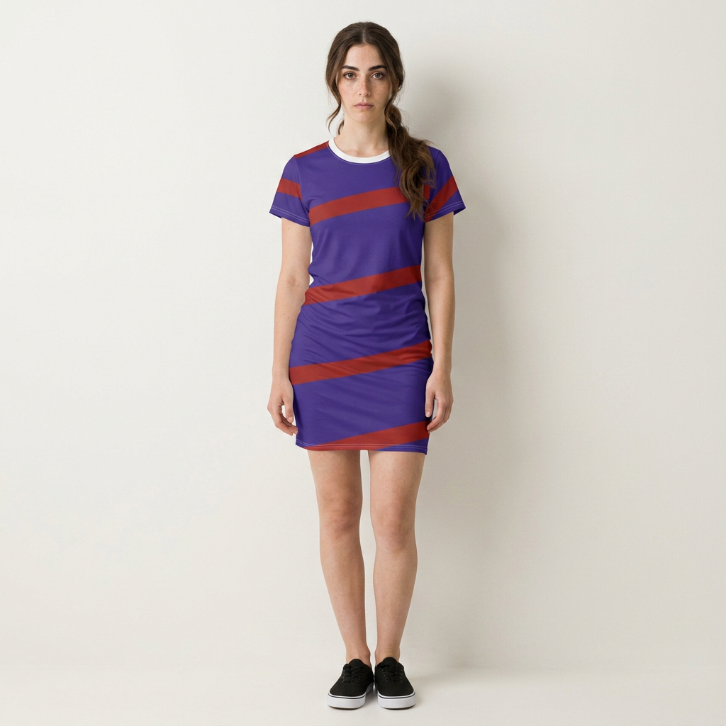 A woman modeling a short-sleeve bodycon mini dress with diagonal purple and red stripes, paired with black slip-on sneakers, against a plain off-white studio background.