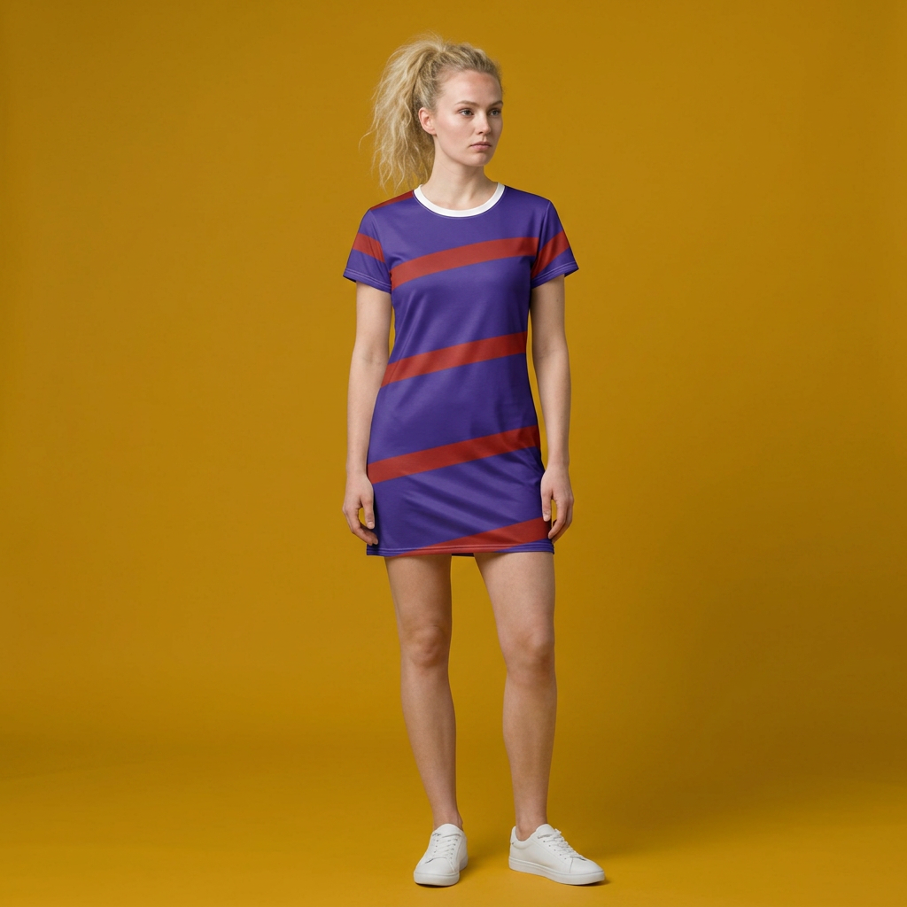 A woman modeling a purple and red striped short-sleeve mini dress with a white crew neck, standing against a solid mustard yellow studio background.