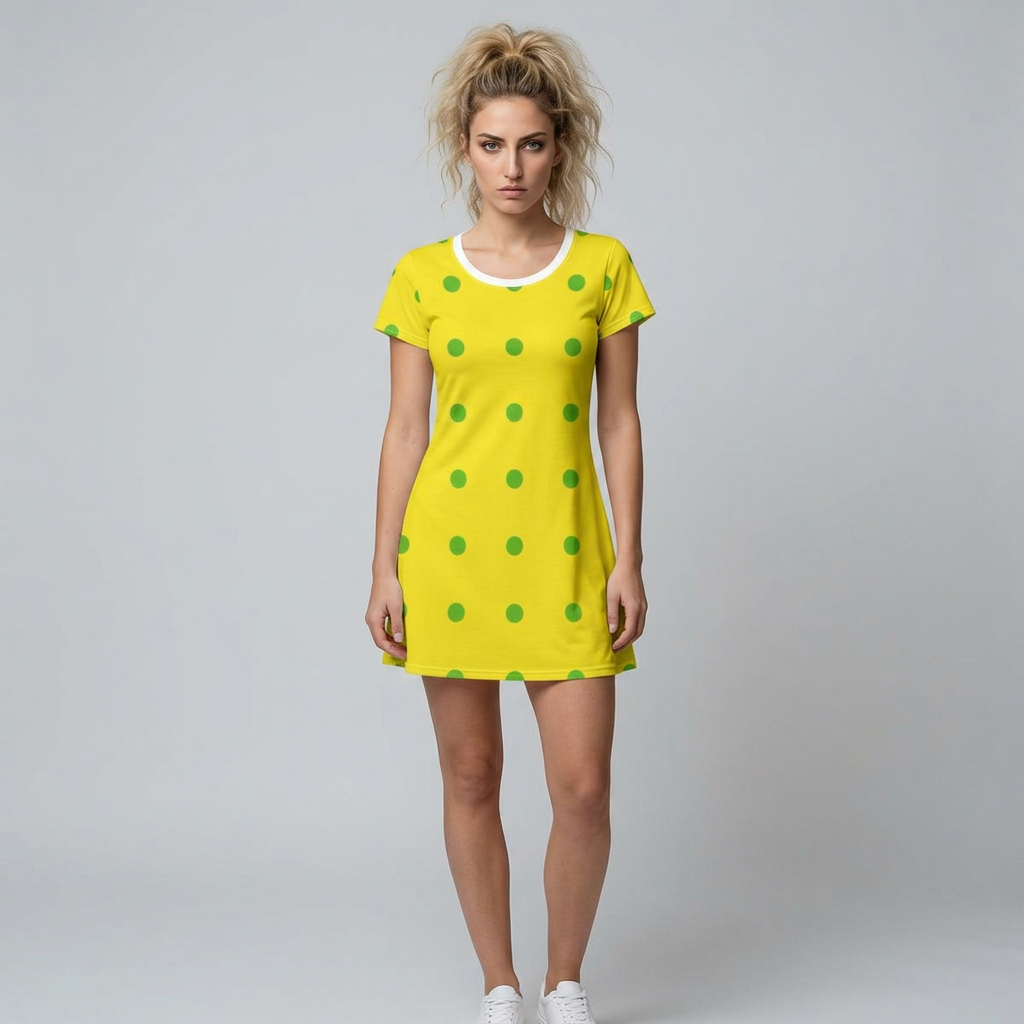 Yellow Polka Dot T-Shirt Dress — Bright Green Dot Summer Dress