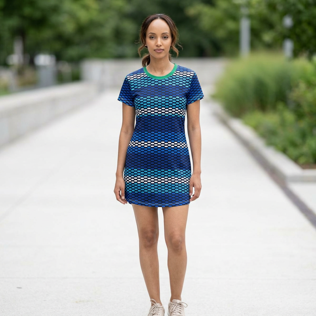 Blue Green Woven Stripe T‑Shirt Dress – All‑Over Print Casual Shift Dress