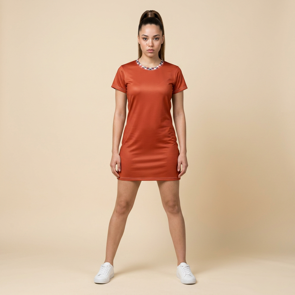 Rust Plaid Trim T-Shirt Dress — Casual A-Line Tee Dress