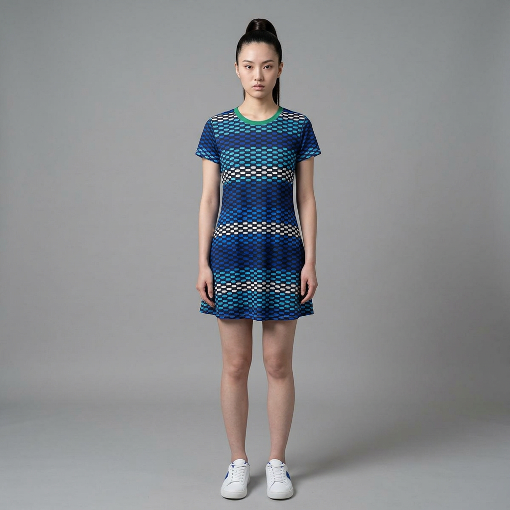 A woman stands against a plain gray studio background wearing a short-sleeve mini dress with a blue, navy, and beige geometric pattern, a green crew neck, and white sneakers.