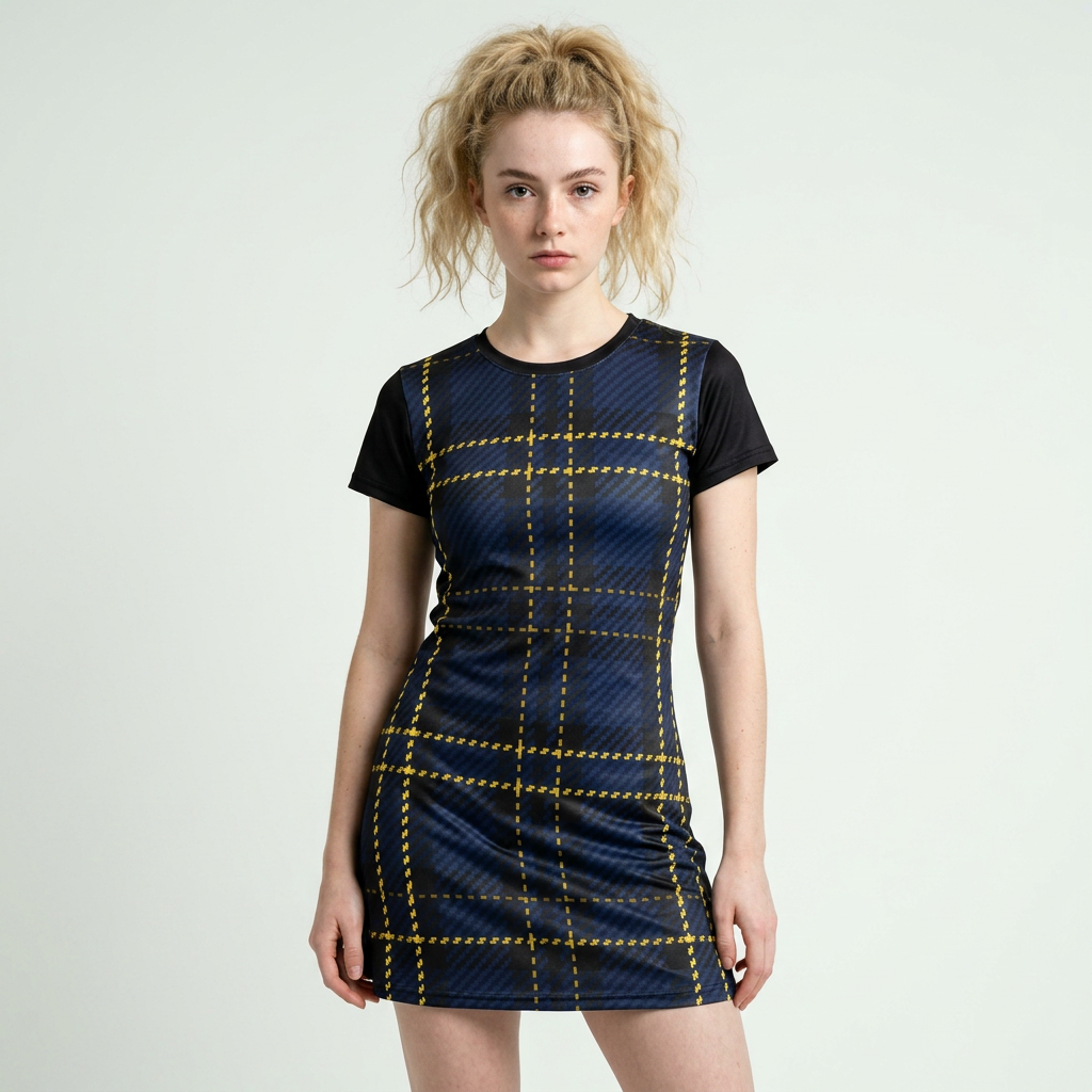 Plaid T‑Shirt Dress — Navy & Yellow Checked