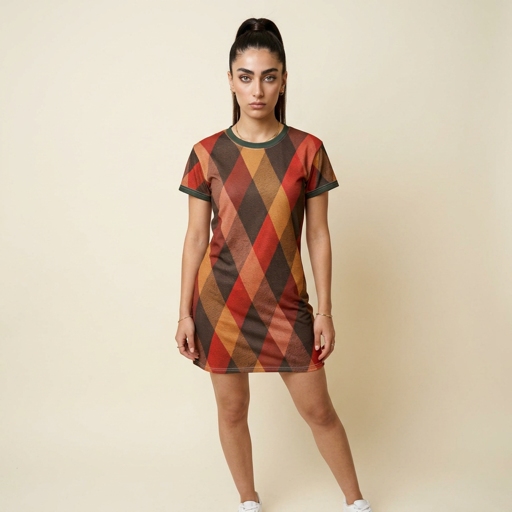 A woman modeling a short-sleeve mini dress with a geometric diamond pattern in red, orange, brown, and black, set against a plain beige studio background.