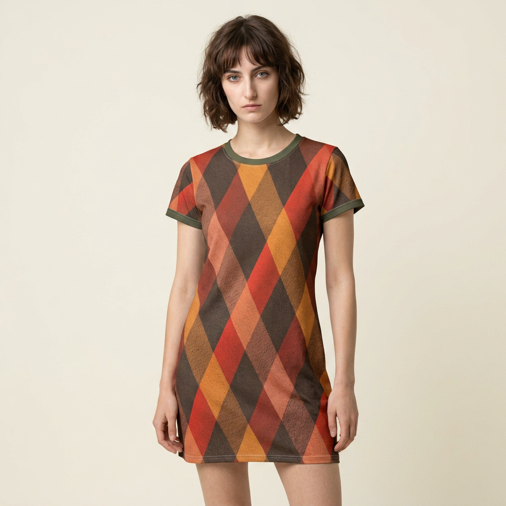 A woman modeling a short-sleeve ringer t-shirt dress with a warm-toned argyle pattern in orange, brown, and red, featuring olive green trim on a light beige background.