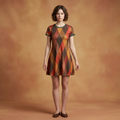 A woman stands against a warm brown studio backdrop wearing a short-sleeve A-line dress with a large diamond argyle pattern in rust orange, dark brown, and olive green, paired with dark brown flats.