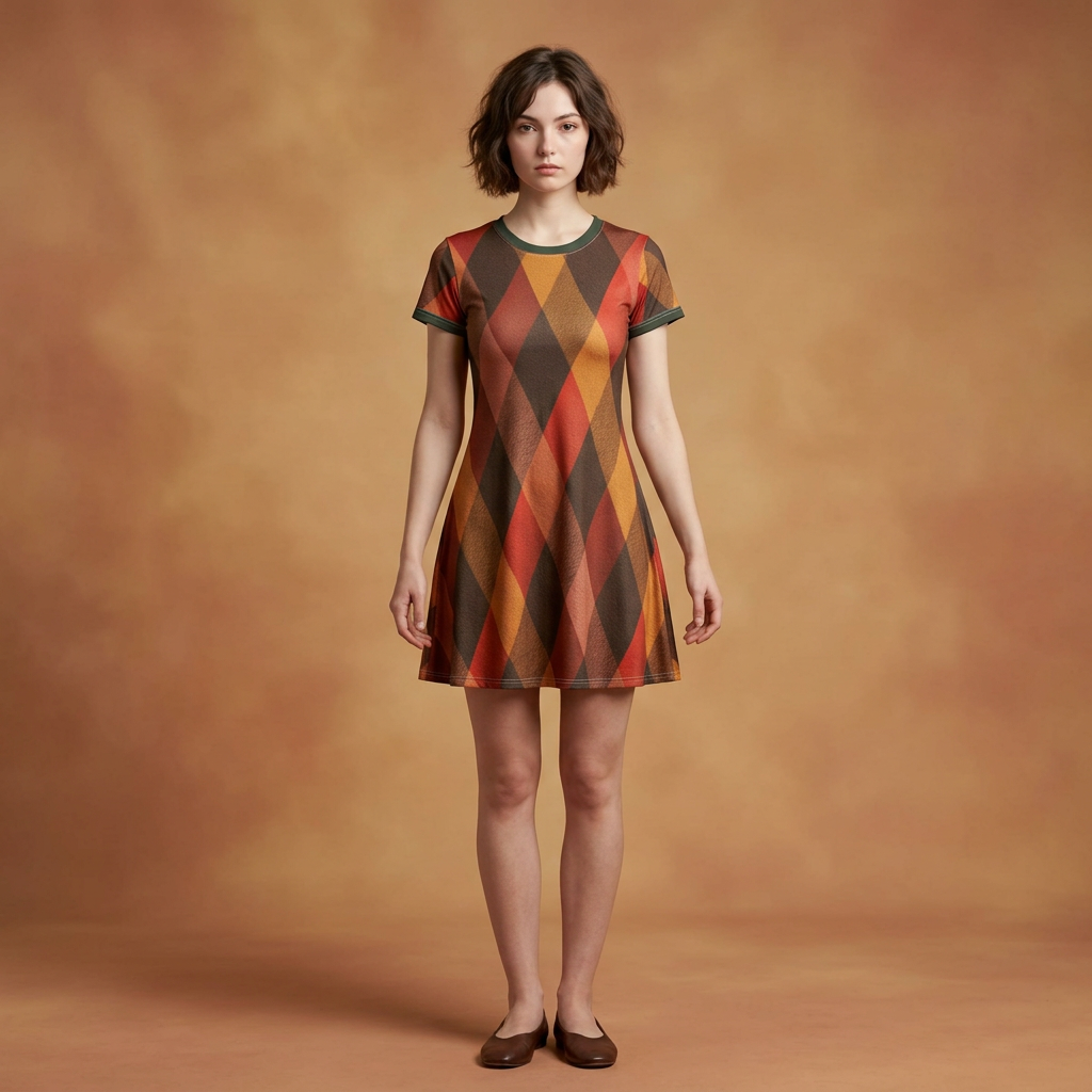 A woman stands against a warm brown studio backdrop wearing a short-sleeve A-line dress with a large diamond argyle pattern in rust orange, dark brown, and olive green, paired with dark brown flats.