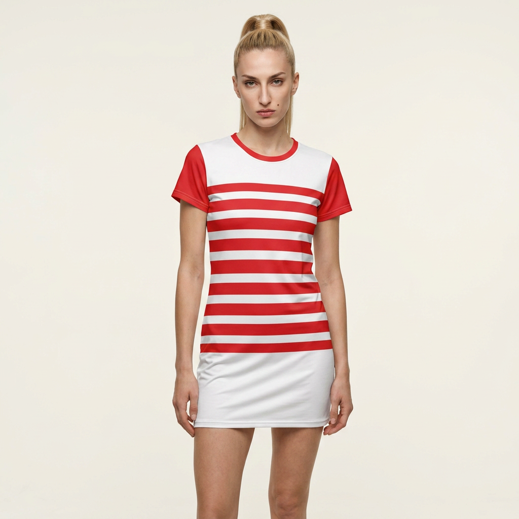 A woman modeling a short-sleeve athletic dress with horizontal red and white stripes on the torso and solid red sleeves, paired with a white skirt, against a light beige studio background.